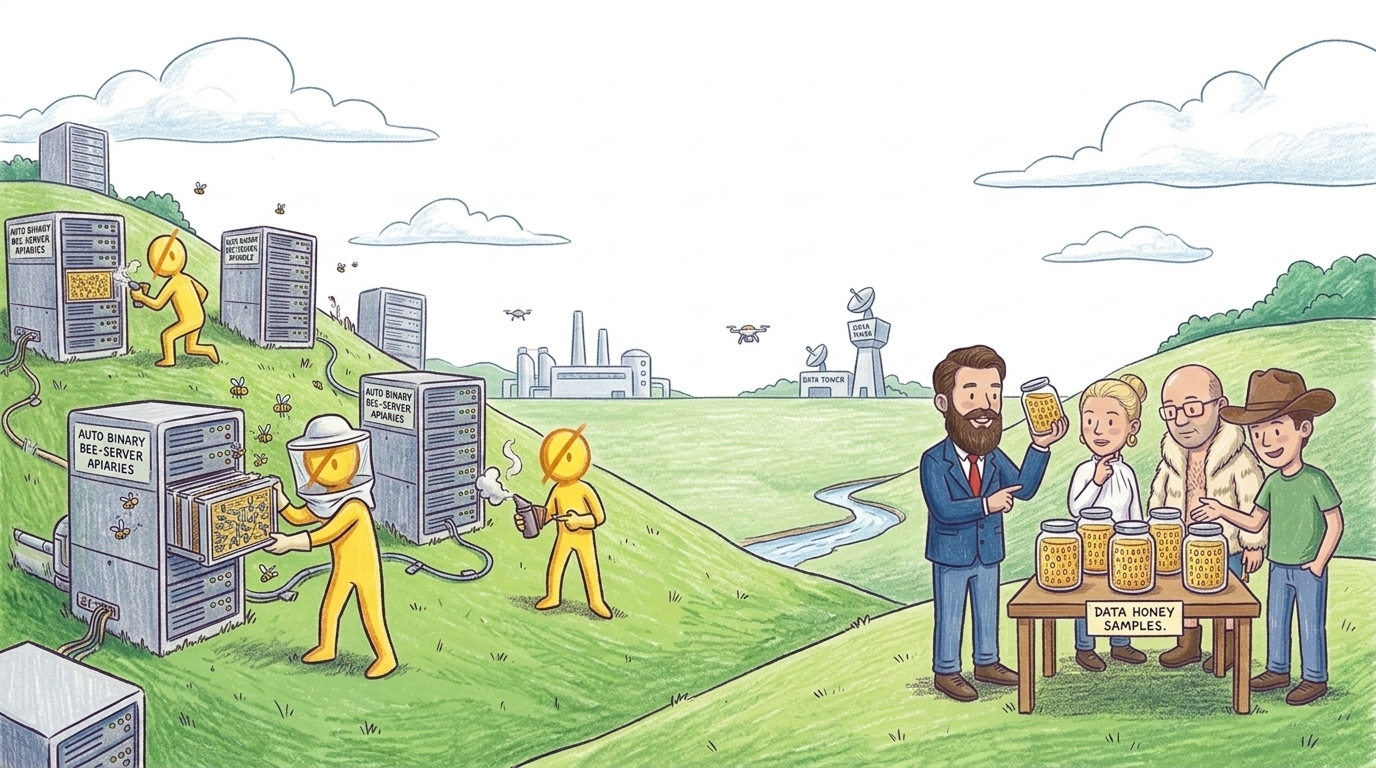 Illustrated scene of the Hives world — bee-themed workers, honeycomb data centers, and the WASM ecosystem